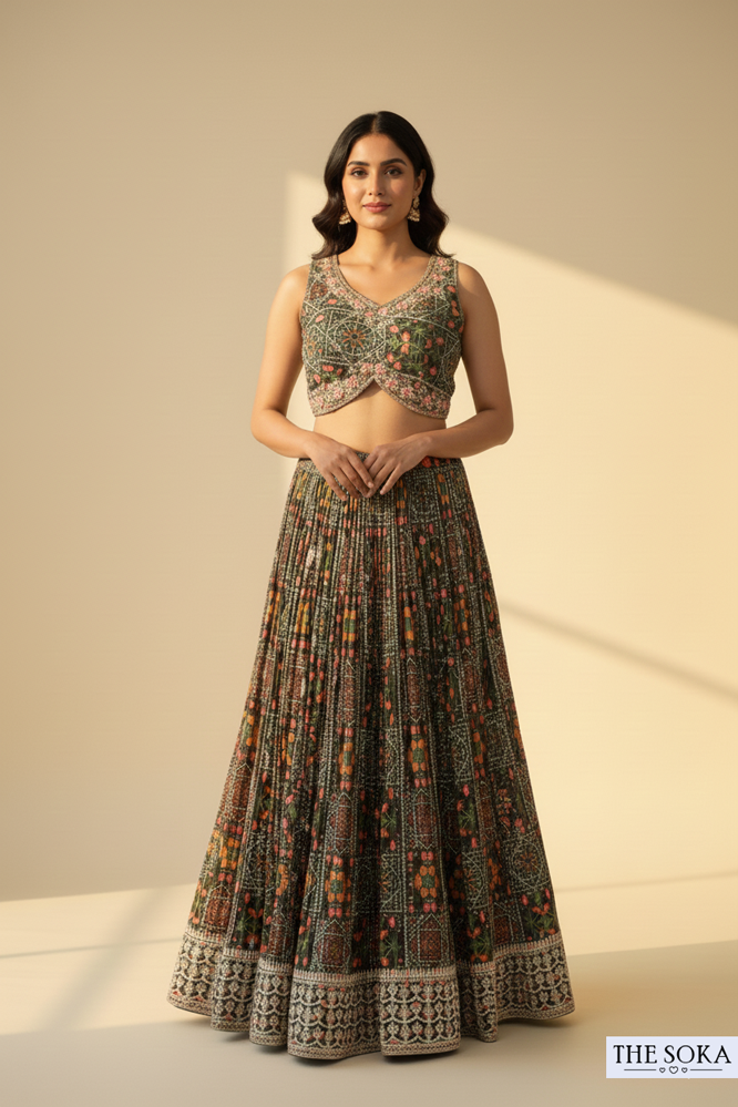Olive Green Printed Lehenga Choli with Net Dupatta